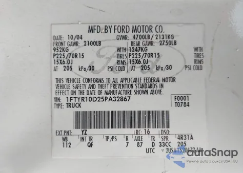 2005 Ford Ranger Xl/Xls/Xlt z USA, uszkodzony, nr VIN 1FTYR10D25PA32867